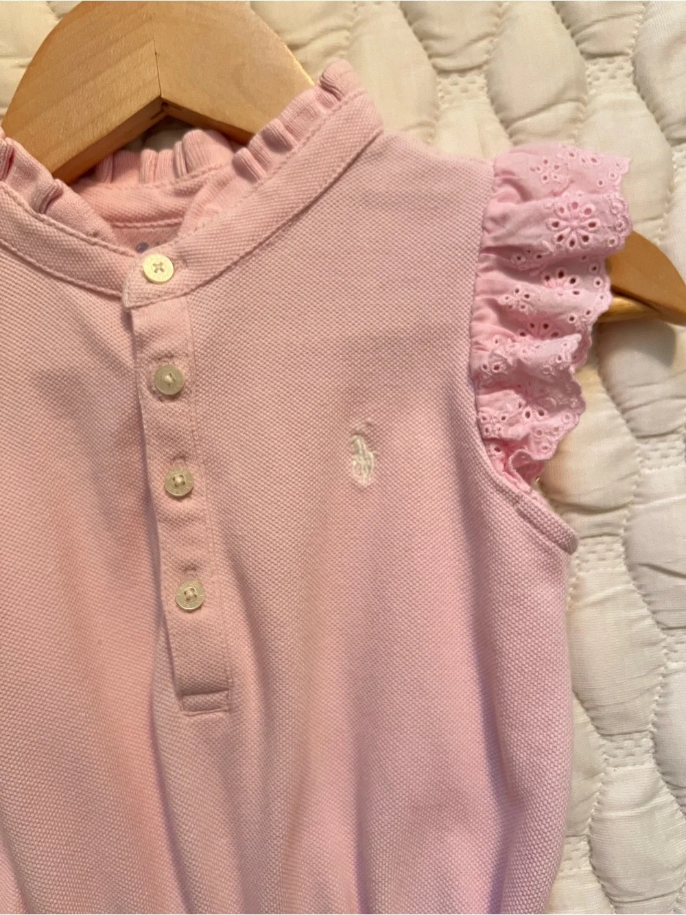 Ralph Lauren Baby Girl Pink Eyelet Ruffle Sleeve Romper 18M Cotton Pique